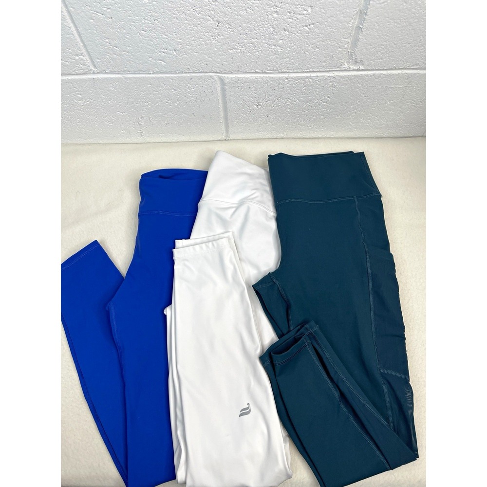 Lot of 3 Fabletics High Waisted Leggings Size L Blue White Teal Pockets